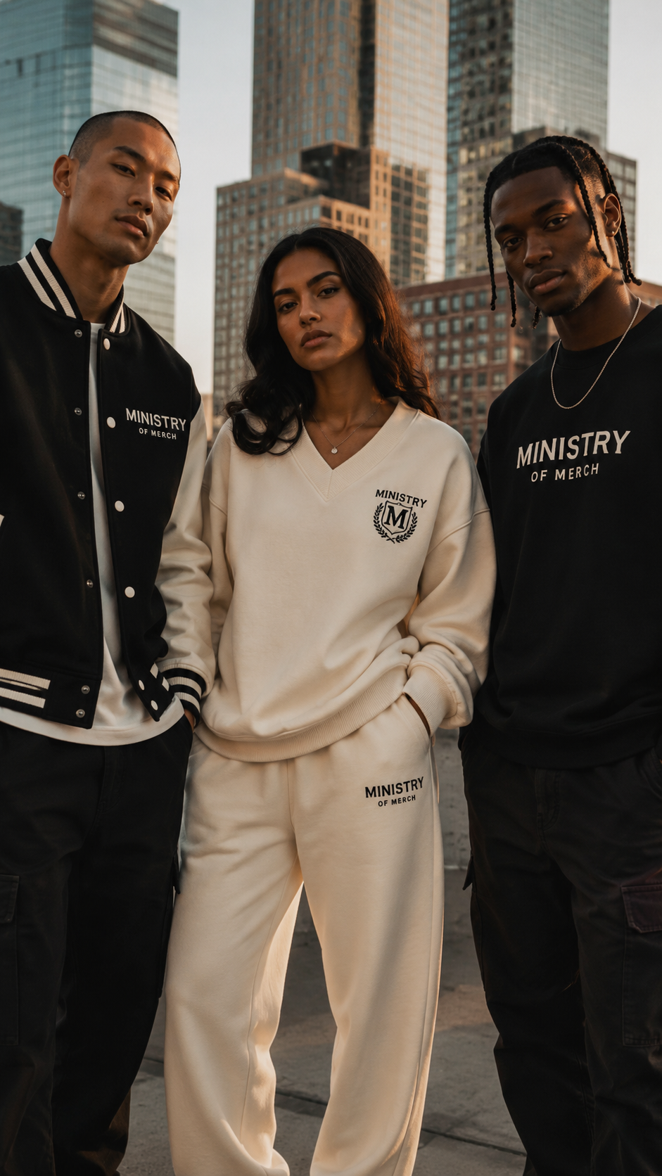 Three models wearing Ministry of Merch cream and black apparel on a city rooftop at golden hour