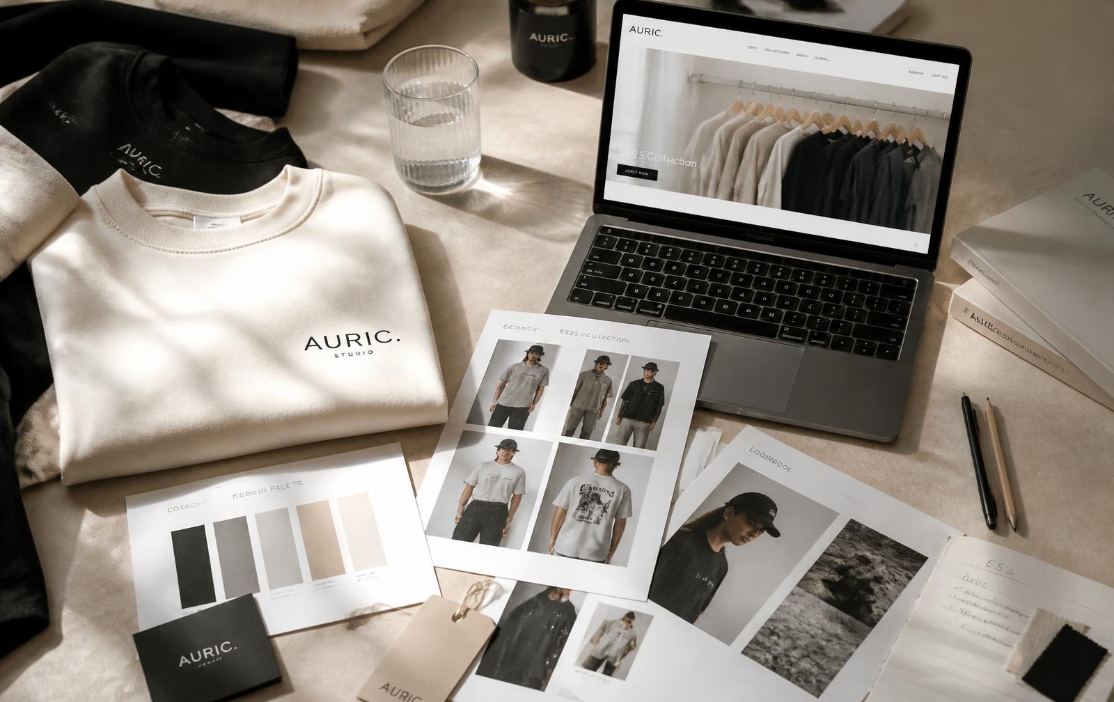 Creative studio flat lay with apparel samples, lookbook pages, color swatches, and an ecommerce storefront on a laptop